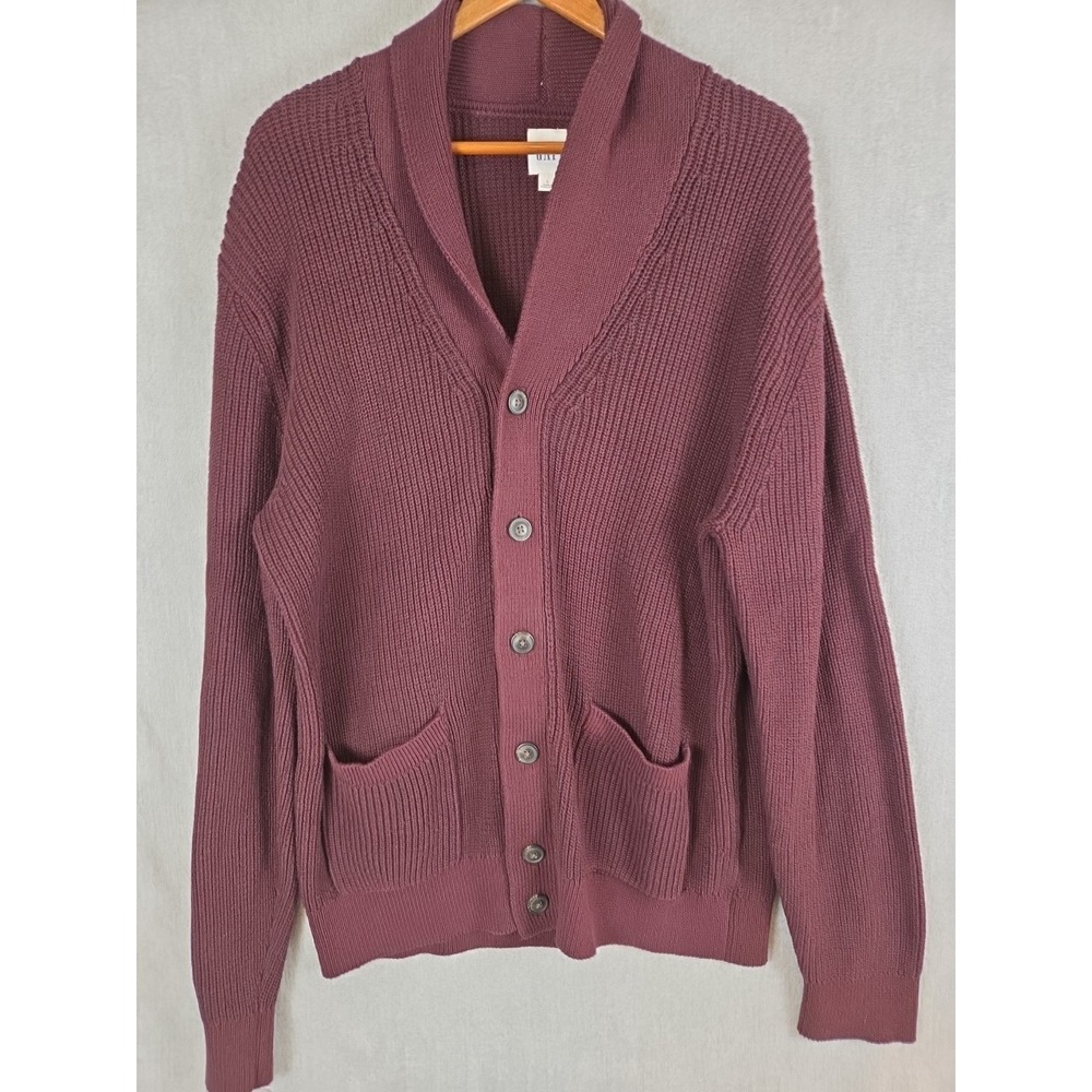 Gap Cardigan Mens L Dad Grandpa Sweater Shawl Collar Burgundy Heavy Knit Preppy